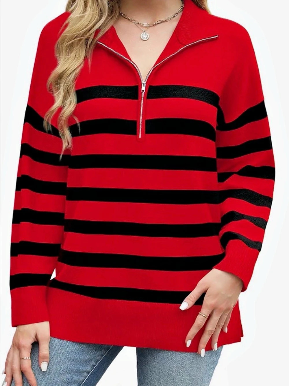 Women's Long Sleeve Sweaters, Casual Style, Half Zip, Lapel Collar, Striped, Sid